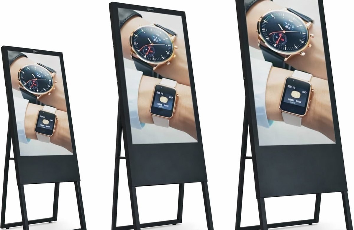 32, 43 and 55 inch A-standee displays side by side for scale